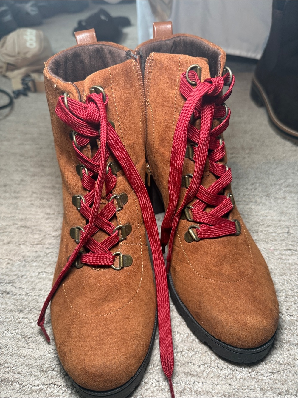 Rue21 Tan Suede Lace-Up Ankle Boots with Red Laces